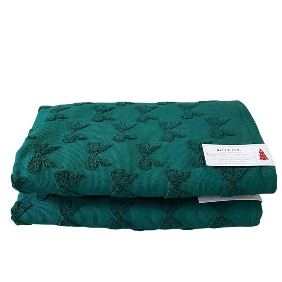 Bella Lux Christmas Bows Bath Towel Set of 2 Chic Holiday Green Bathroom Decor - Picture 9 of 16